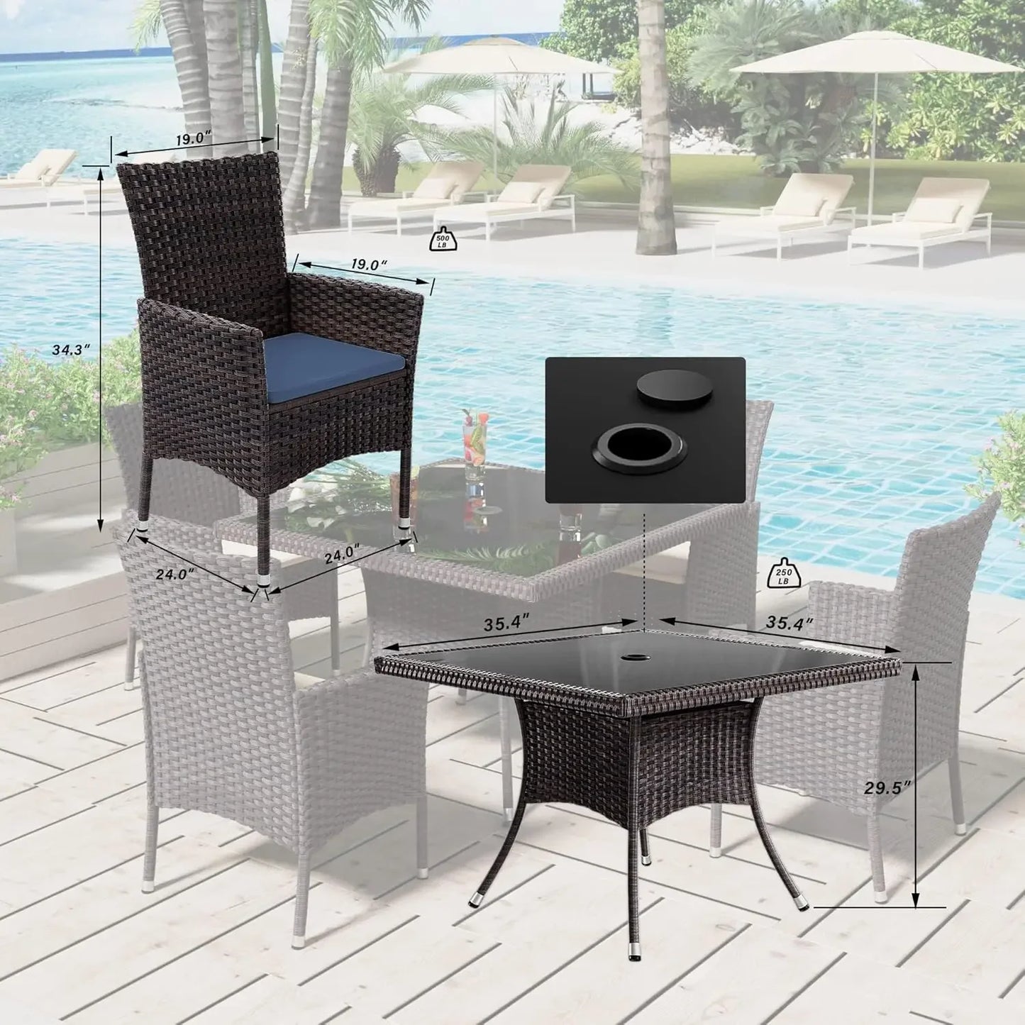 10 Pieces Dining Sets for 8 with Rattan Dining Set Chairs x8 and Square Table Glass Topx2 with Umbrella Cutout, Outdoor