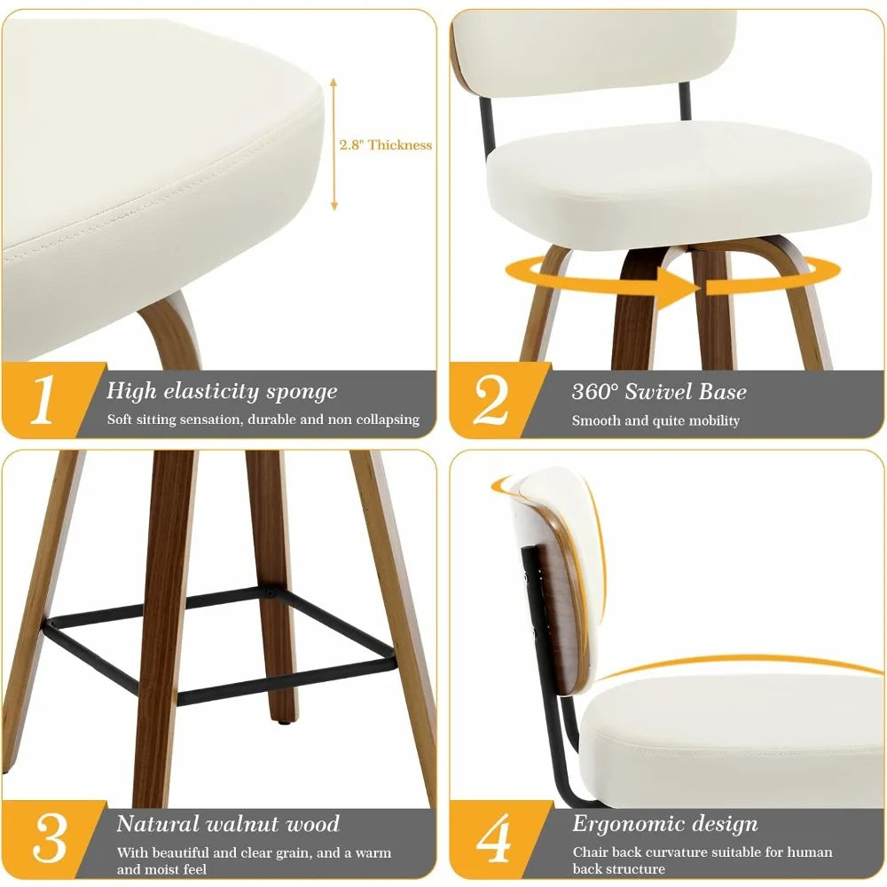 Swivel Counter Height Bar Stools Set of 4, 26" Upholstered Faux Leather Barstools with Back and Bent Wood Legs,