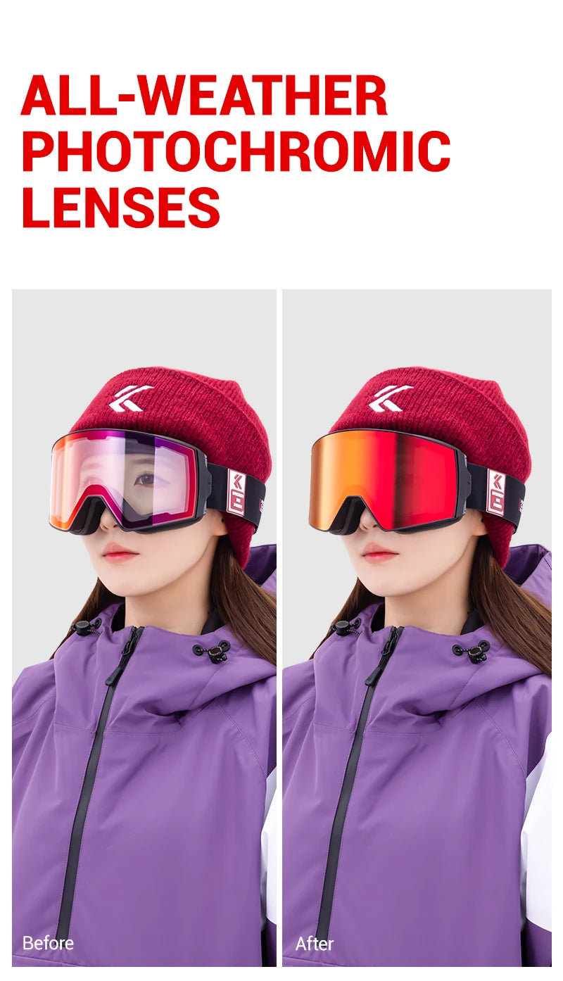 KAPVOE New Outdoor Photochromic Ski Goggles Winter Snow Sports for Unisex Snow Glasses UV400 Anti-fog Magnetic Snowboard Glasses