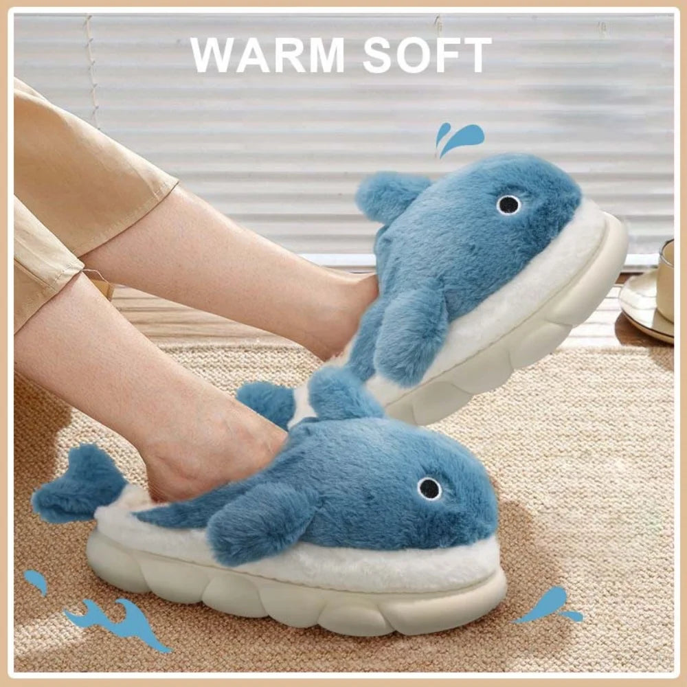 Soft Plush Sharky Slides For Wome&Men,Whale Shark Fuzzy Slippers With Anti-Skid Winter Cute Couple House Slippers Christmas Gift