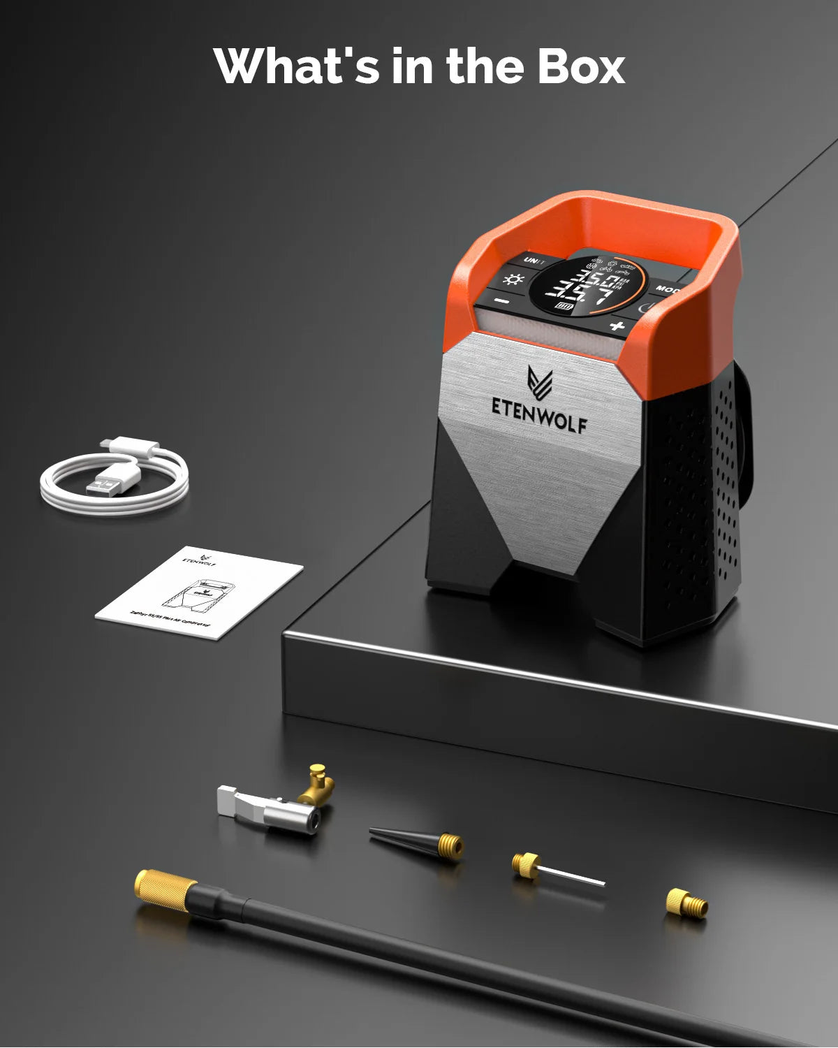 ETENWOLF ZEPHYR S5 Portable Tire Inflator Heavy-Duty Car compressor 160PSI &15600mAh for Pickups Car Tires Motorcycles Bicycles