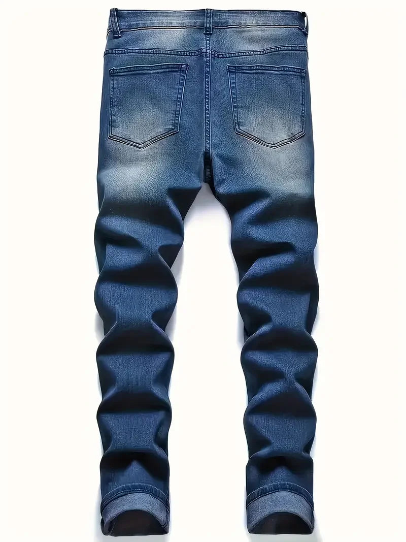 Men'S Distressed Fashion Jeans - Street Style, Comfortable Stretch Denim with Ripped Detail, Versatile for All Seasons, Everyday