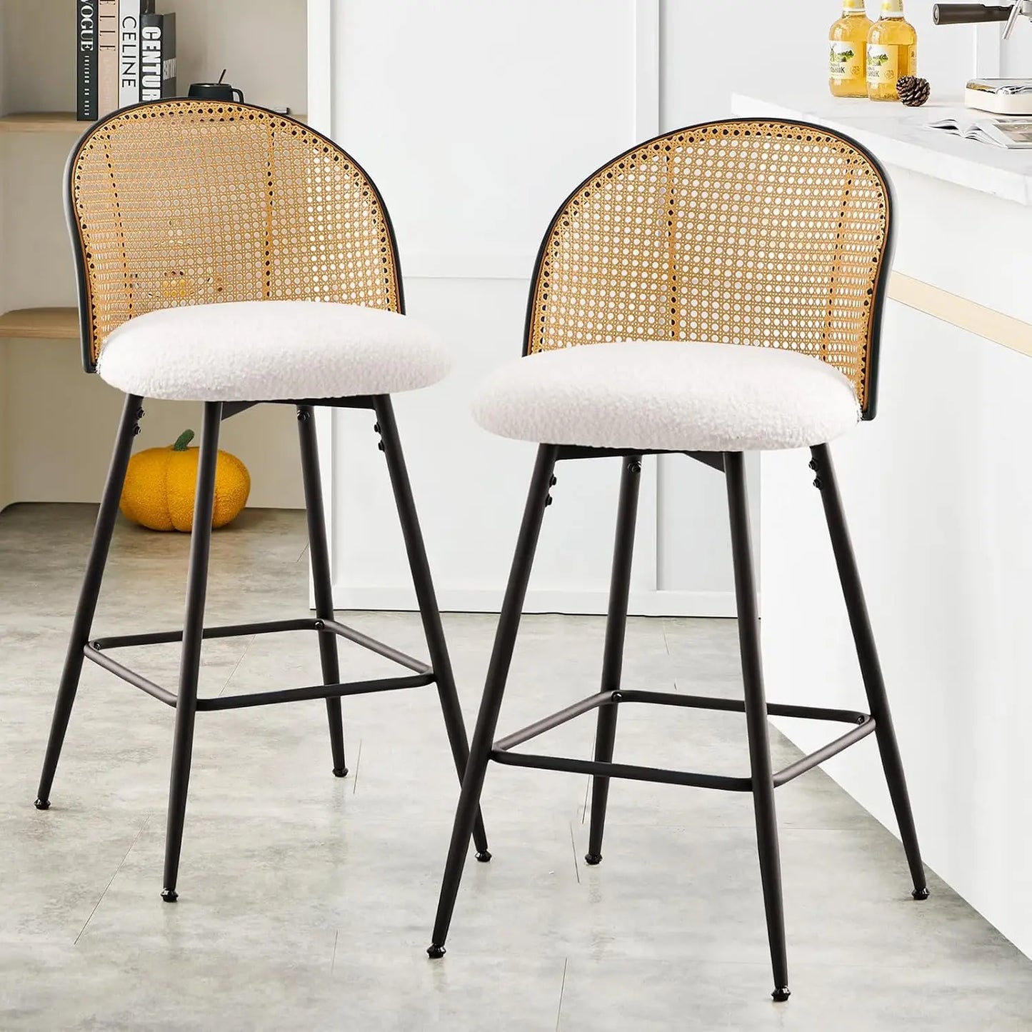 Counter Height Bar Stools Set of 2, 360° Swivel Upholstered Barstools with Rattan Full Back & Metal Legs, PU Leather 26" Mid