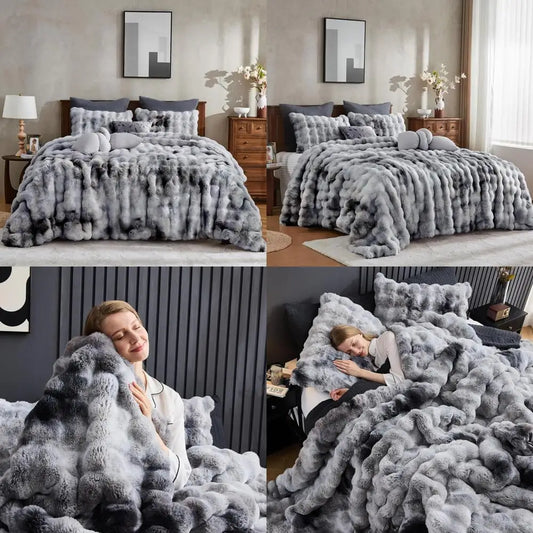 King Size Tie-Dye Grey Plush Rabbit Fur-Like Comforter Set, Fluffy and Warm Bedding