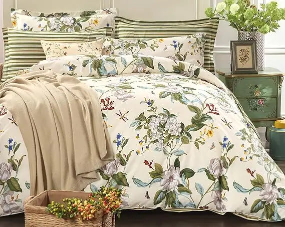 Cotton Striped Floral Duvet Cover Set in Green and Beige with Shabby Chic Flower Branches for Summer Reversible Bedding 600 Thre