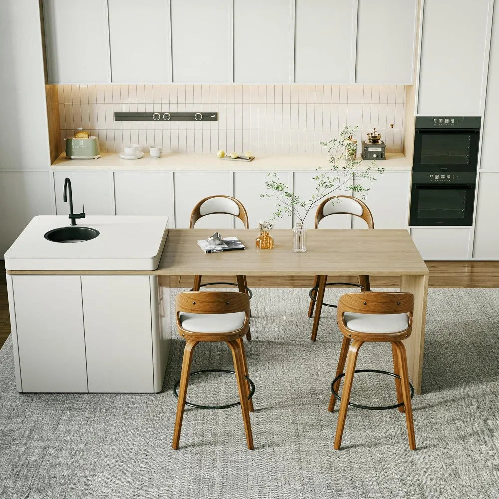 Swivel Counter Height Stools Bar Chairs Faux Leather Bar Stool with Backrest & Solid Wood Legs & Wrap-Around Footrest, Counter