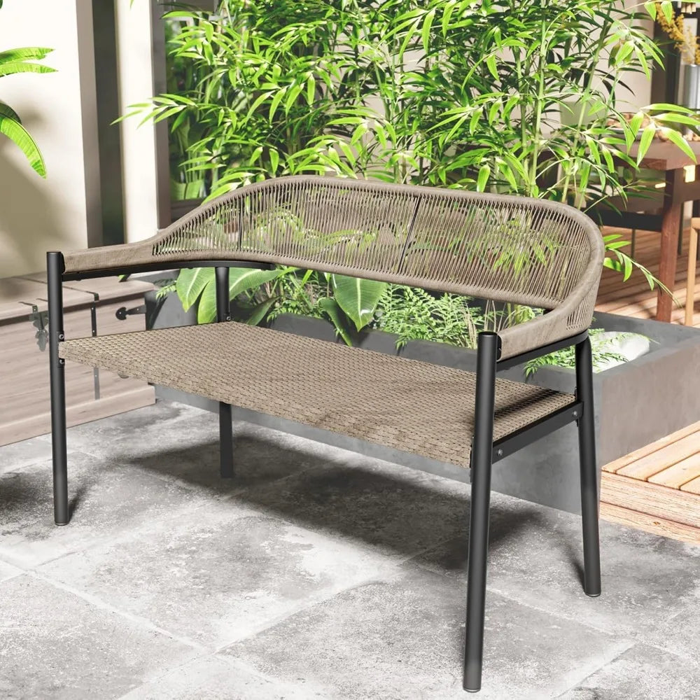 Outdoor Loveseat Bench,46.8 Inches Wicker Frame Patio Bench, All Weather Outdoor Bench with Rattan Backrest Armrests and Metal L