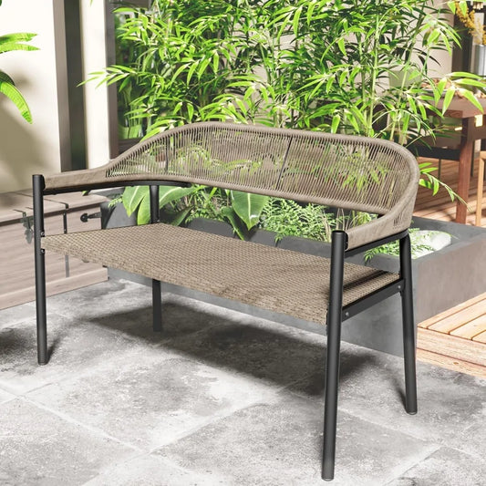 Outdoor Loveseat Bench,46.8 Inches Wicker Frame Patio Bench, All Weather Outdoor Bench with Rattan Backrest Armrests and Metal L