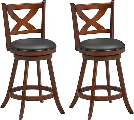 Set of 2 24 Swivel Counter Height Bar Stools with Back, Solid Rubberwood Frame, Leather Padded Seats, Vintage Style