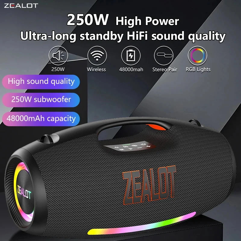 Zealot S89 250W Portable Bluetooth Speaker High Volume Waterproof 48000mAh Wireless TWS Subwoofer Suporrt USB/TF/AUX RGB light.