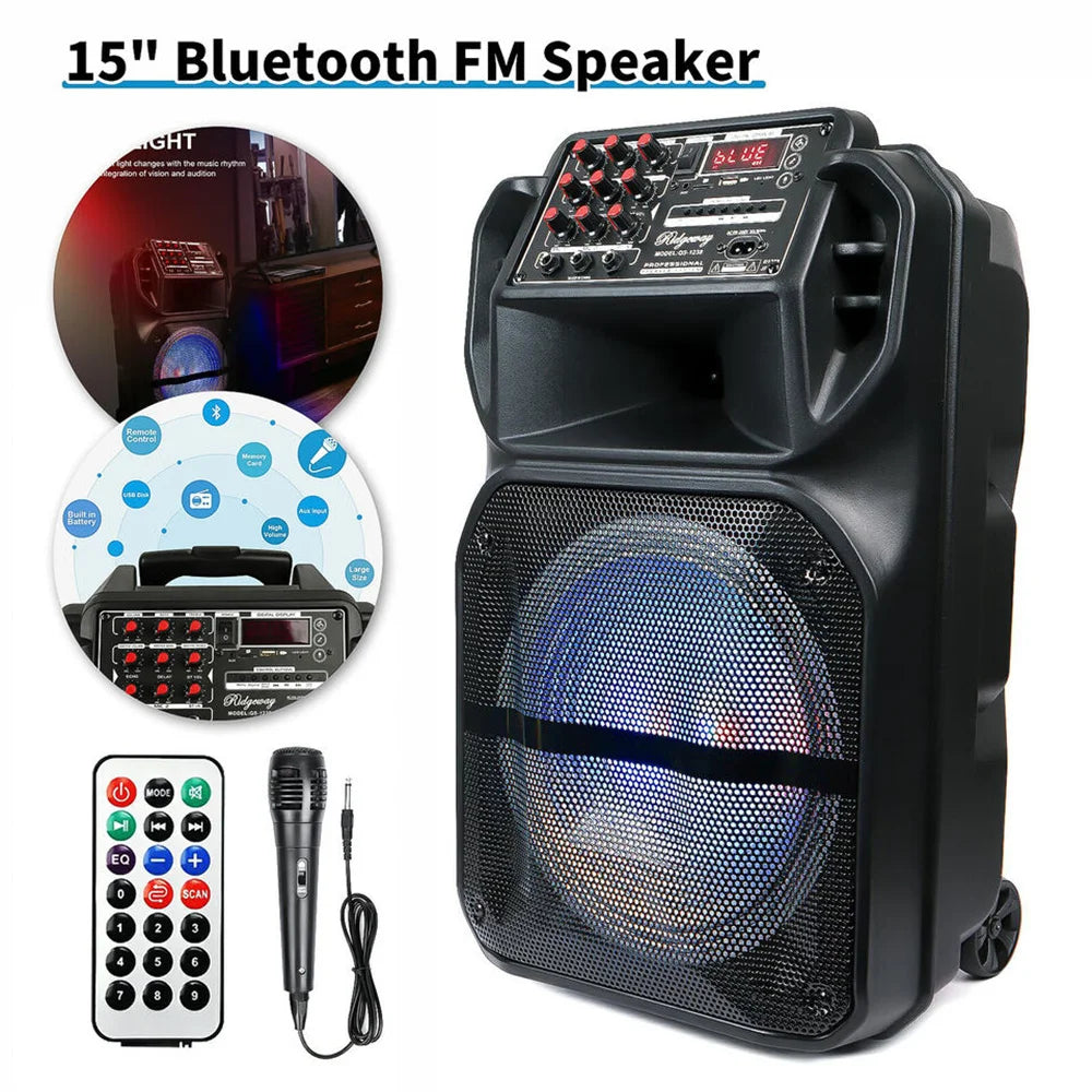 9000W Portable Bluetooth Speaker 15” Subwoofer Heavy Bass Party System AUX & Mic Led Light  Loud High Quality karaoke Speaker