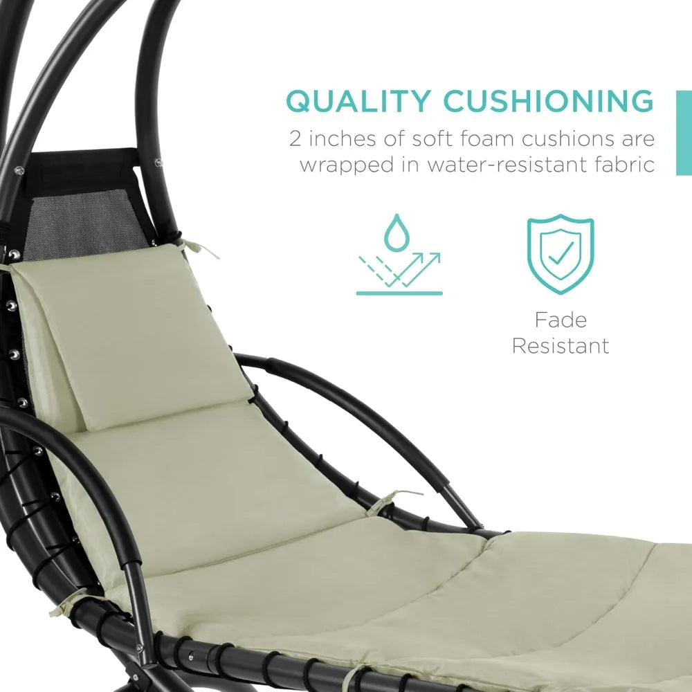 Curved Outdoor Steel Swing Lounge Chair with Pillow and Detachable Canopy in Sage