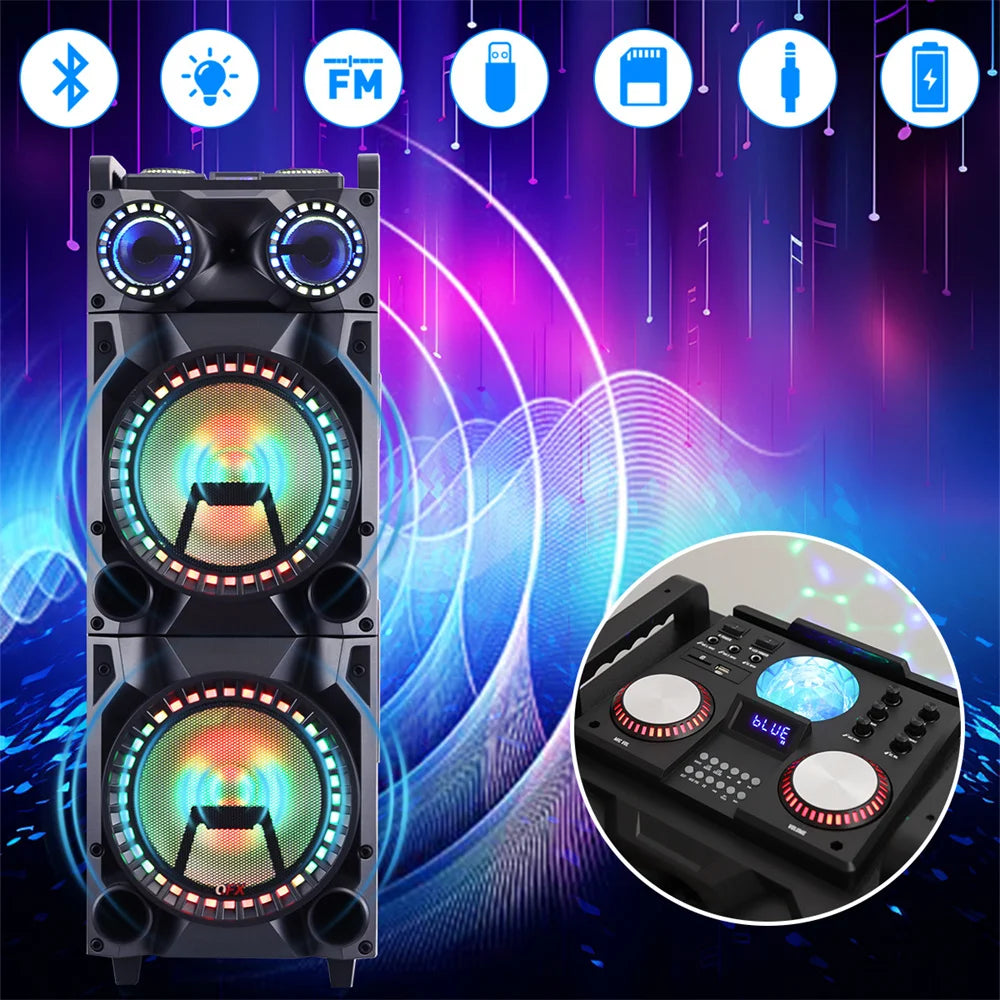 9500W Portable Bluetooth Party Speaker Karaoke Sound System Heavy Bass Rechargeable Dual 12 Inche Subwoofer Led Light with Mic