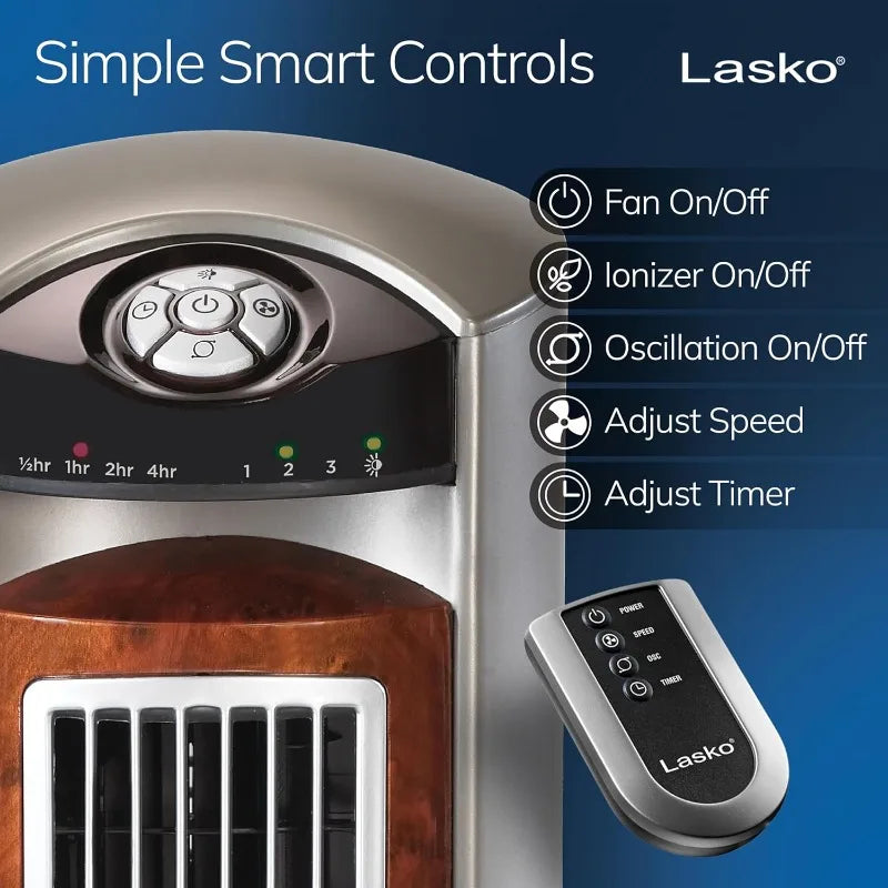 Lasko Oscillating Tower Fan with Remote, Quiet Floor Fans for Bedroom, 42", Woodgrain and Grey, T42954
