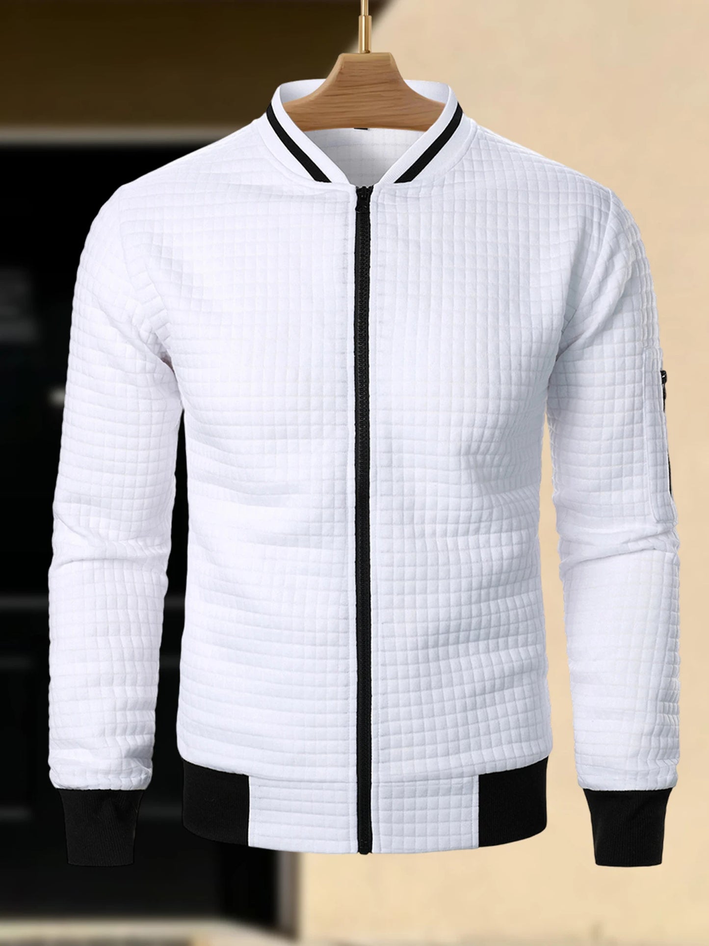 Men s Casual  Fit Zipper Up Lightweight Stand Collar Jacket Spring Fall Coat with Contrast Color Detail