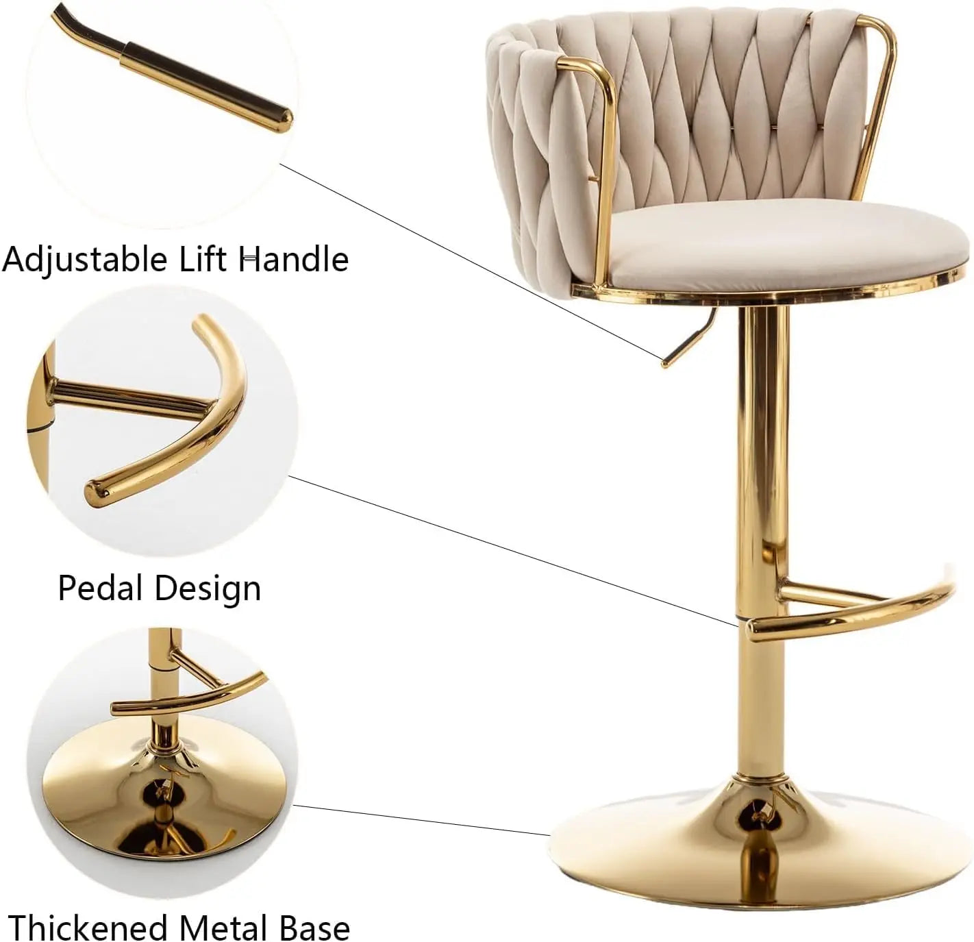 Gold Velvet Bar Stools Set of 3, Swivel Counter Height Bar Stools with Back, Adjustable Woven Barstools for Kitchen Island,