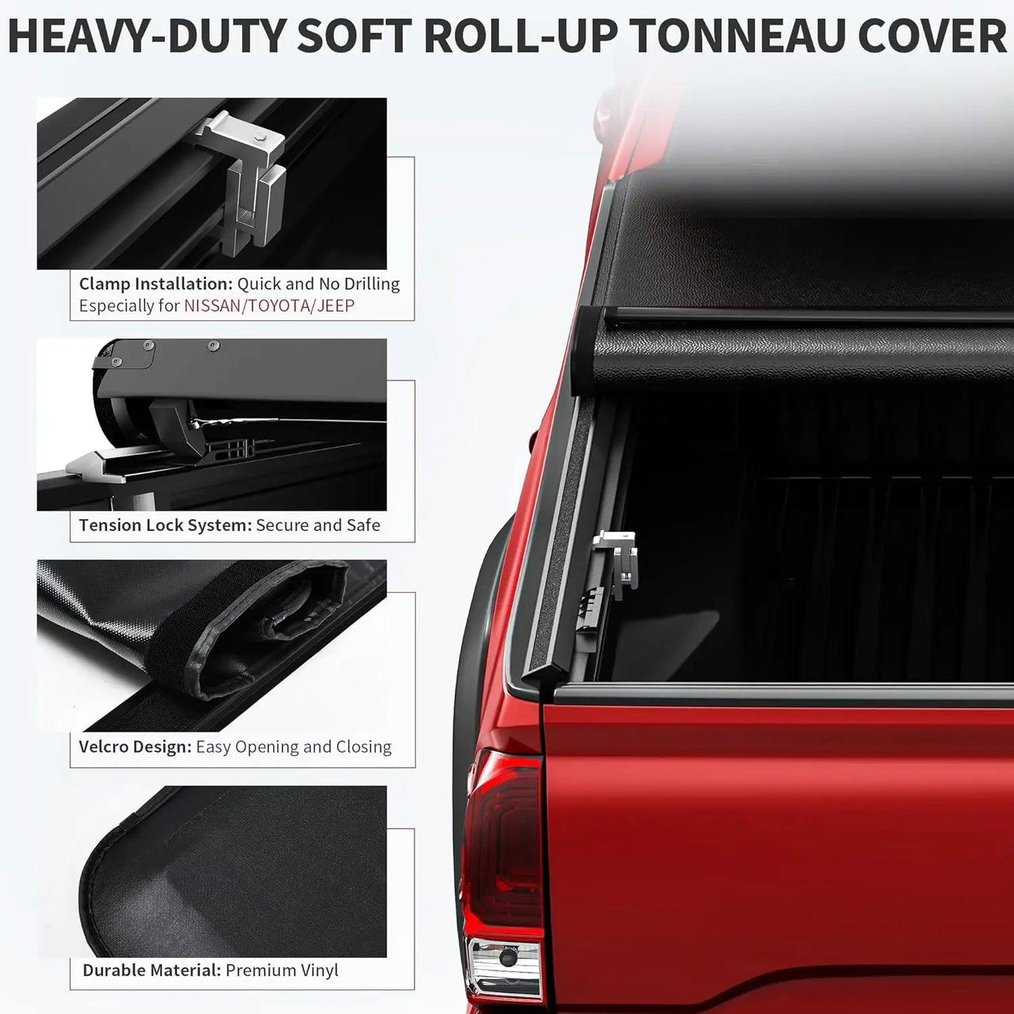 Soft Roll Up Truck Bed Tonneau Cover Compatible with Toyota Tacoma 2024 2025 (Excl. Trail) 5 Ft Bed with Track Rail System