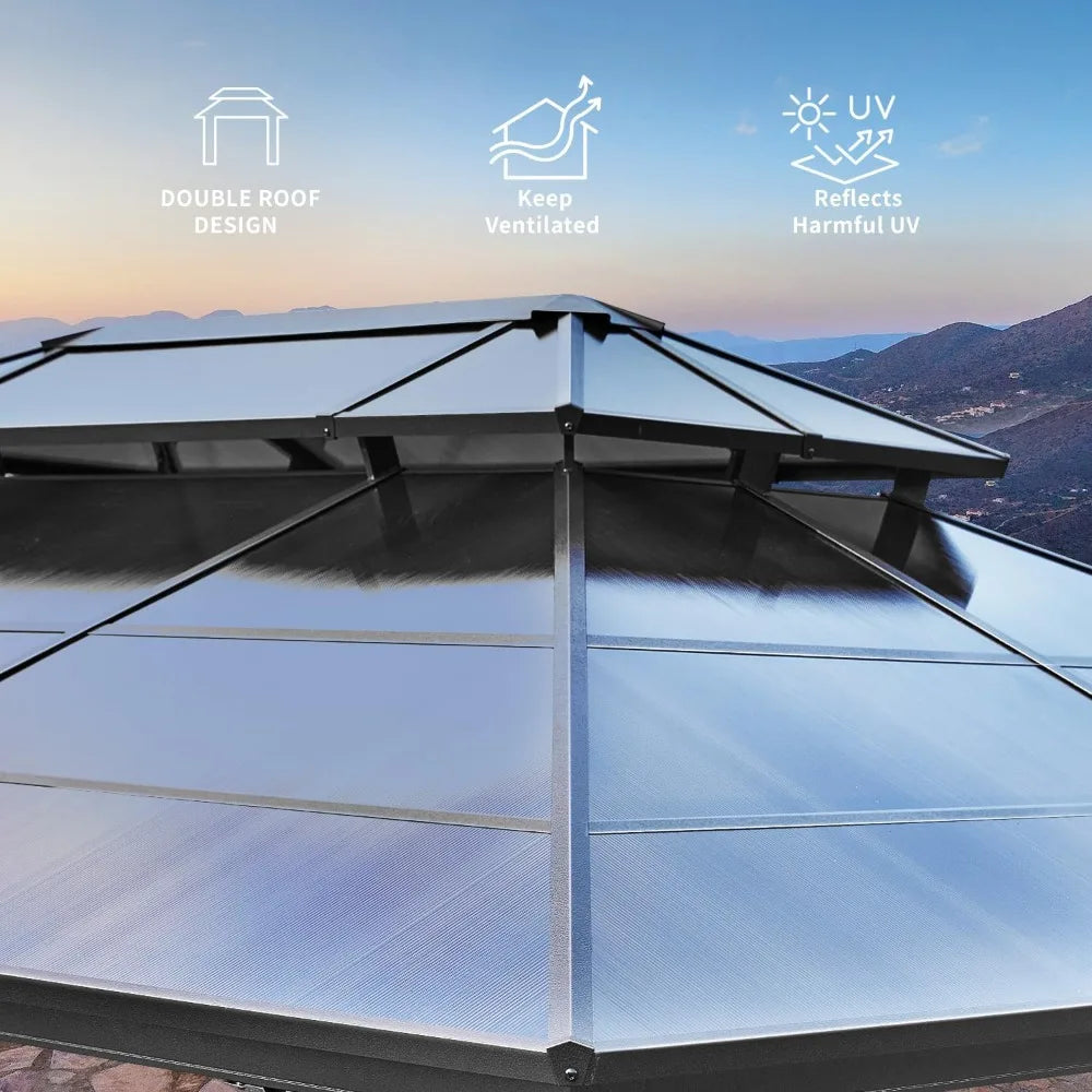 10'x13' Hardtop Gazebo, Outdoor Polycarbonate Double Roof Canopy, Aluminum Frame Permanent Pavilion, Sunshade