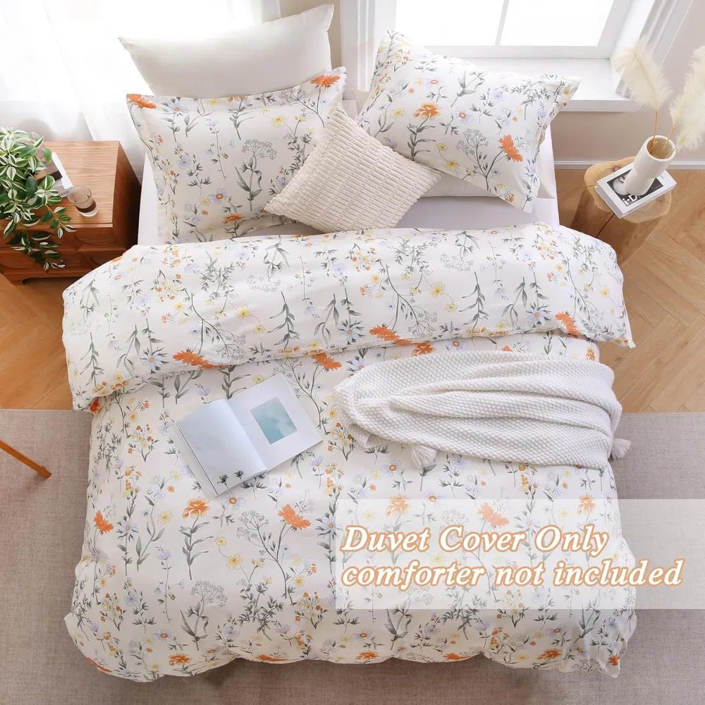 100% Cotton Duvet Cover Queen Size, Floral Reversible Duvet Cover Set with Zipper Closure, Soft 3 Pieces Bedding Set with 2 Pill