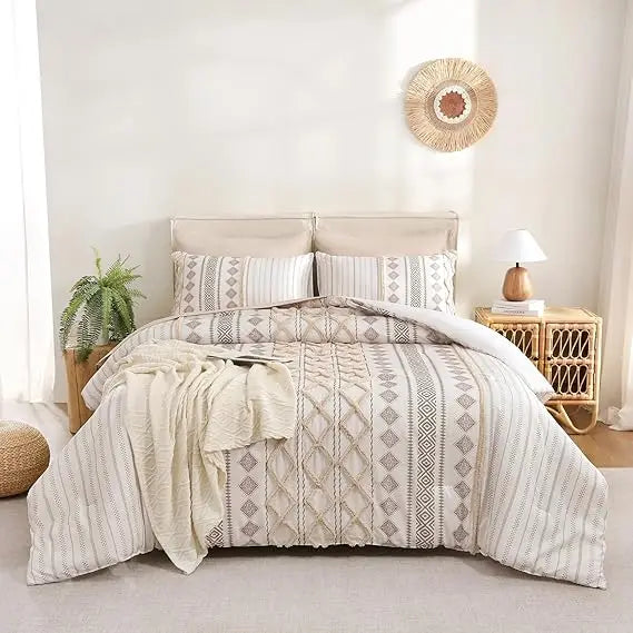 Queen Size Shabby Chic Aztec Western Beige Tufted Boho Comforter Set with Bedding