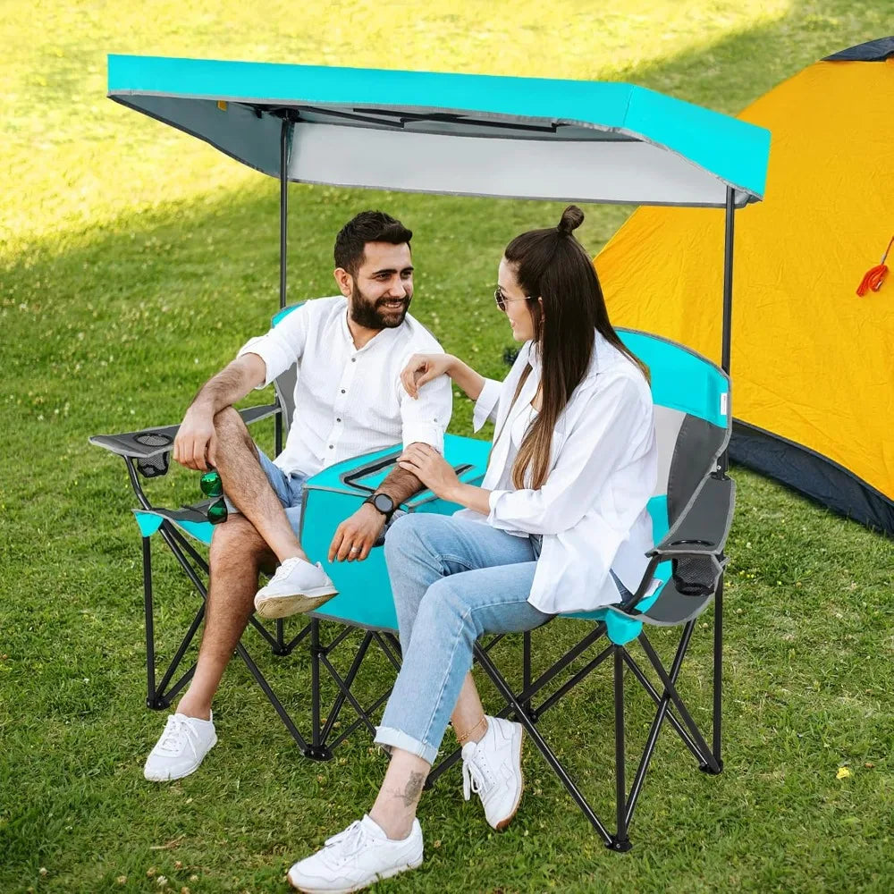 Camping Chair with Adjustable Shade Canopy, Portable Beach Chair with Cooler Bag, 2 Cup Holders, Carrying Bag