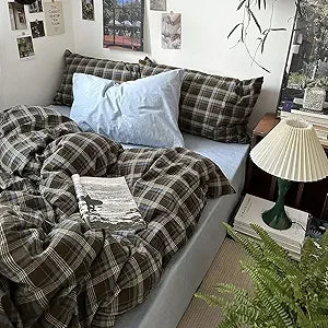 Queen Size Blue, Brown & Green Buffalo Plaid Duvet Cover Set - 3 Piece Vintage Aesthetic Bedding Set, 100% Washed Cotton, M
