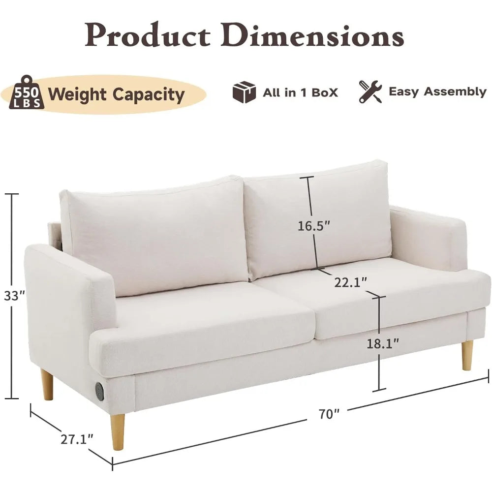 Beige 70" Loveseat Sofa with USB Type C Ports for Living Room, Bedroom, Office, and Apartment