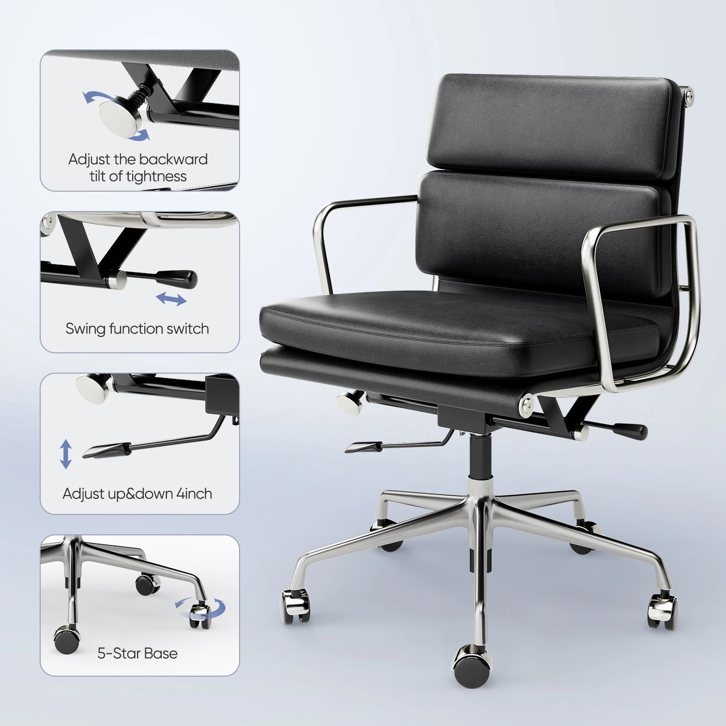 Office Guest Chair Upholstered Leather Comfortable Reception Chairs with Wheels Adjustable Swivel Rolling Office Chairs