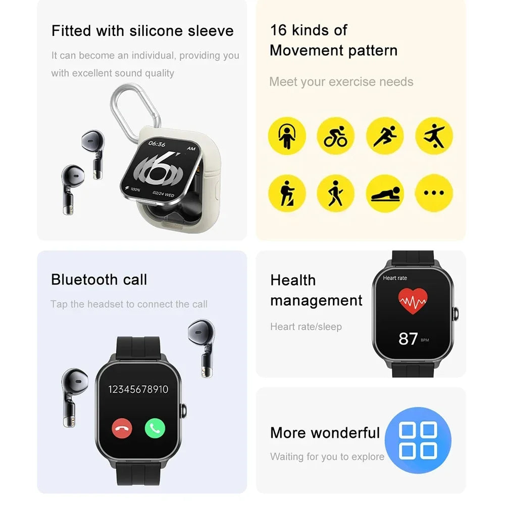 Effeokki D8Pro 2 In 1 smart watch with headphones Man 2" NFC Make/Answer Call Heart Rate Blood Oxygen Pedometer  For Iphone