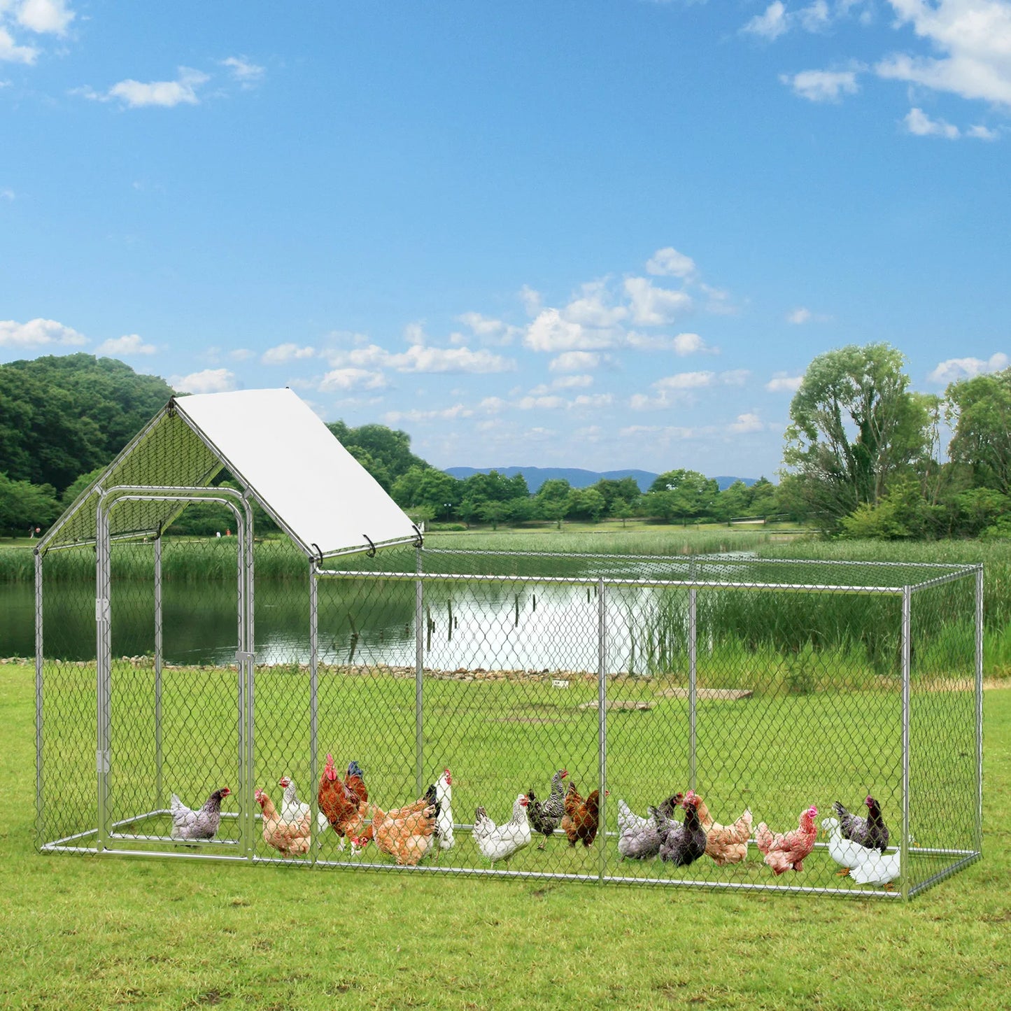 Large Metal Chicken Coop, Chicken Run with Waterproof and Anti-UV Cover, Walk-in Chicken Pen for 6/10 Chickens Rabbits Duck