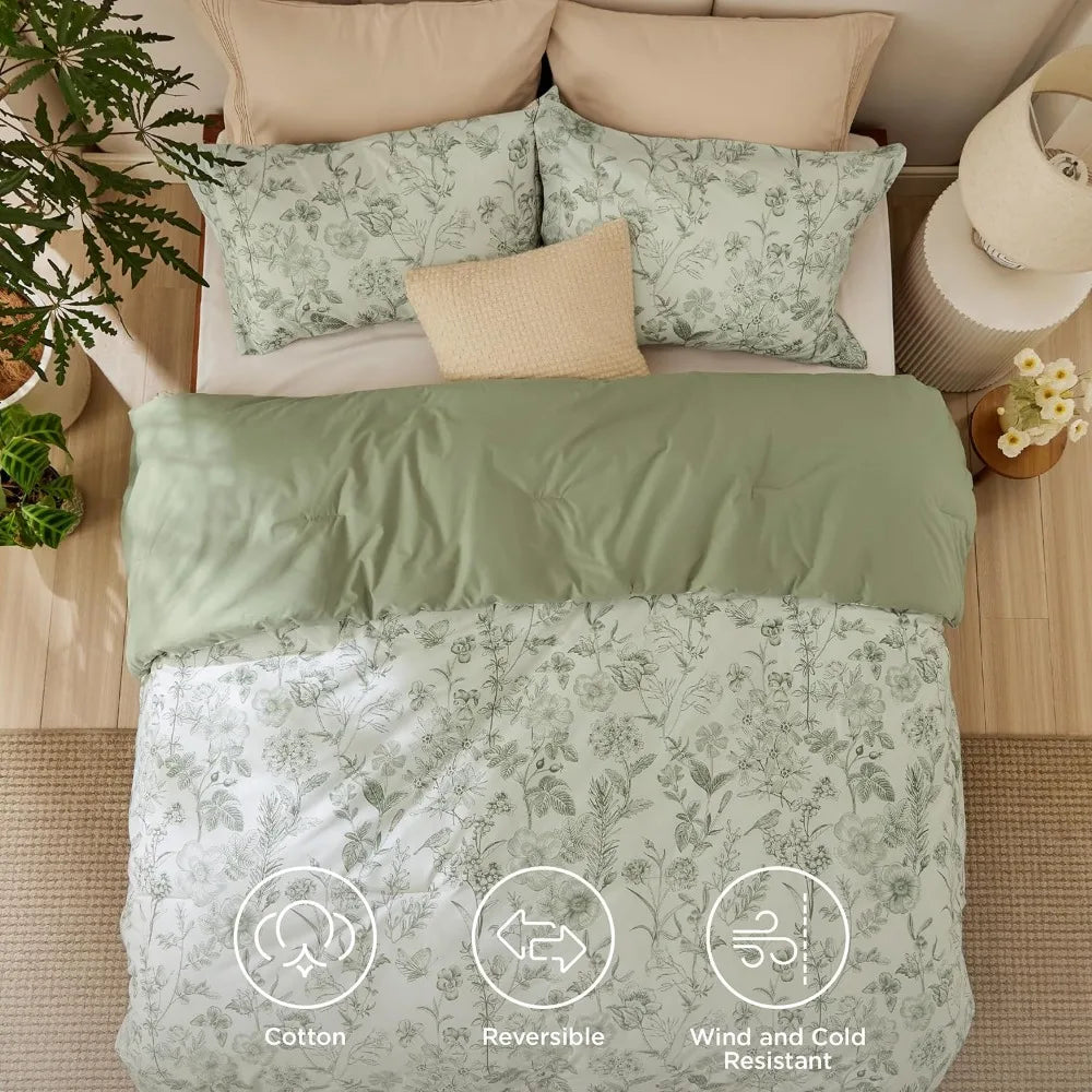 King Size Floral Comforter Set - 100% Cotton and Microfiber Filled, Sage Green 3-Piece Bedding