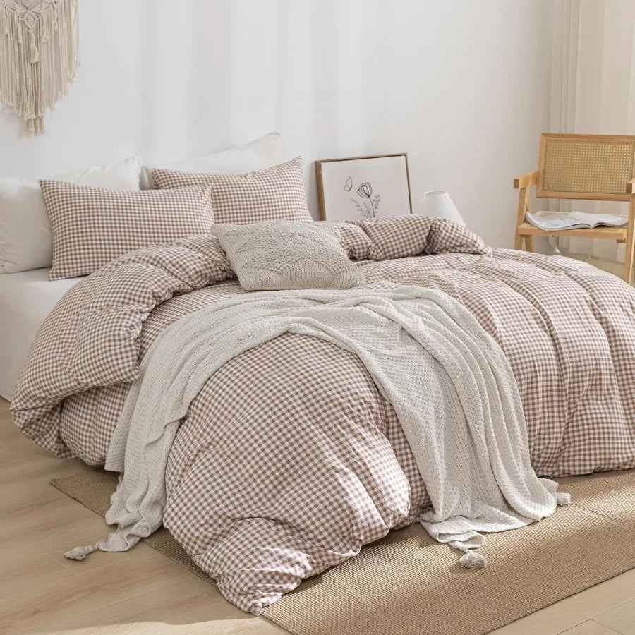 Tan Gingham Duvet Cover Bedding Set Prewashed Extra Soft Comfy Breathable 3 Piece Brown Plaid Checkered Grid Vintage Comforter