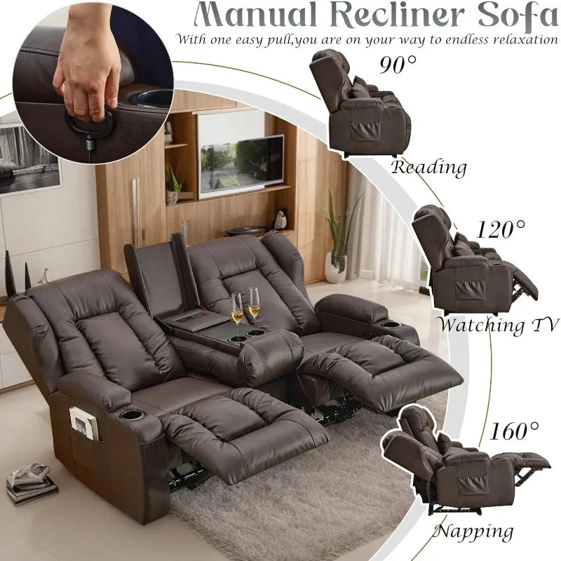 Loveseat Recliner Sofa with Flipped Backrest Console, RV Manual Reclining Loveseat Couch Home Theater Seating with Cup Hol