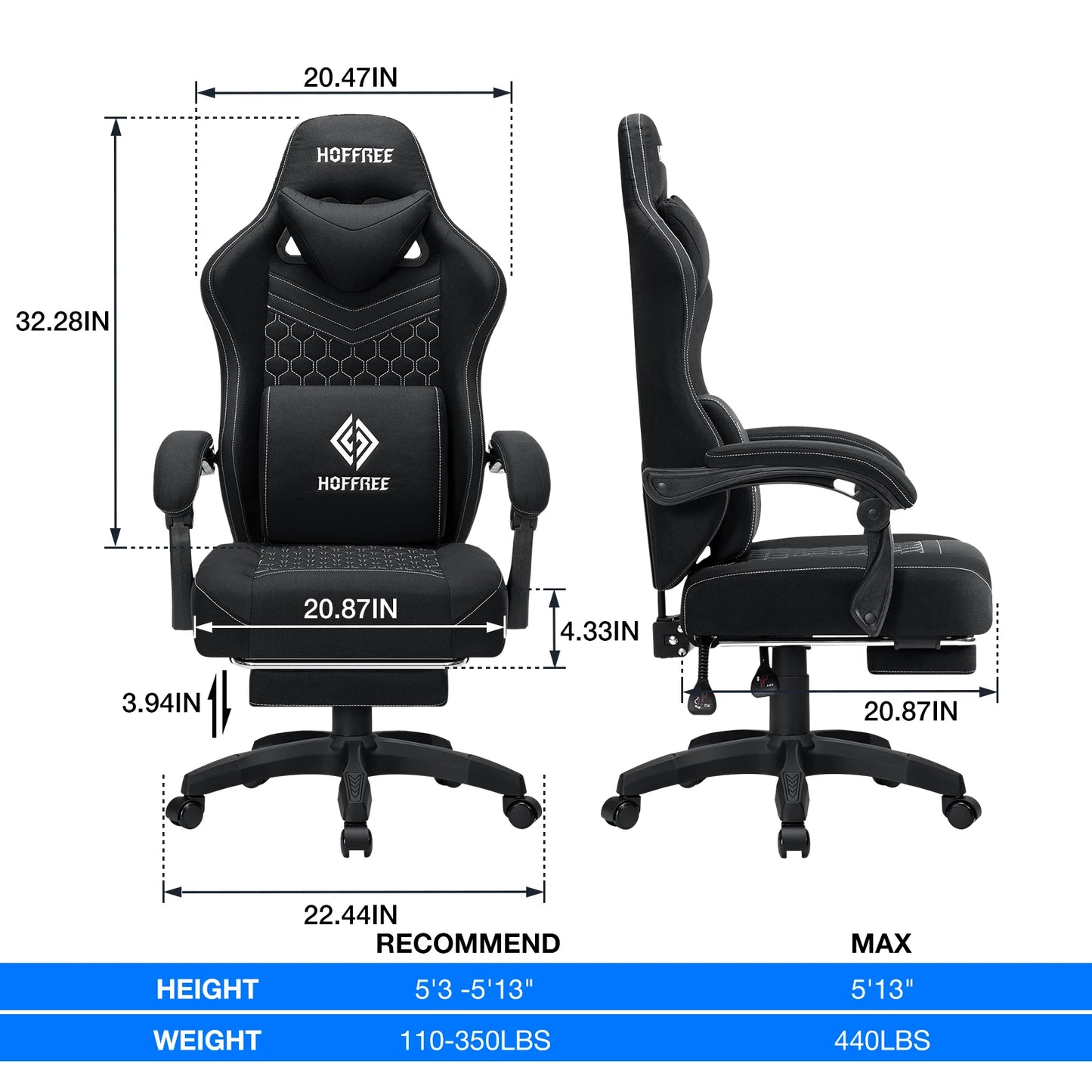 Ergonomic Office Chair With Footrest Lumbar Cushion Bluetooth Speaker 2-Point Massage Height Adjustable Gaming Racing Chair Sofa
