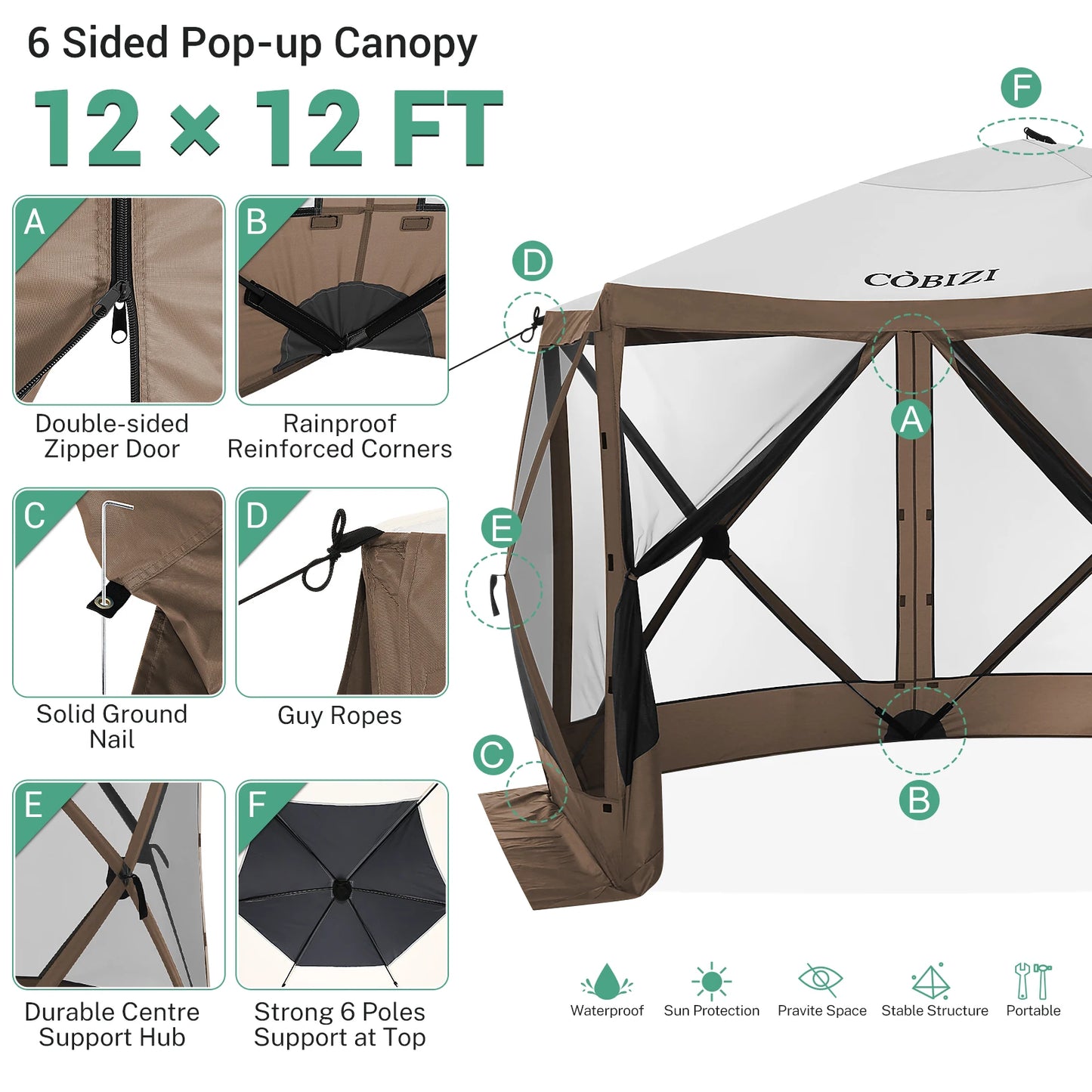 12x12ft Pop up Gazebo Screen House Tent with Mosquito Netting, 6 Sided Pop-up Canopy Shelter Tent Easy-Set Portable Gazebo