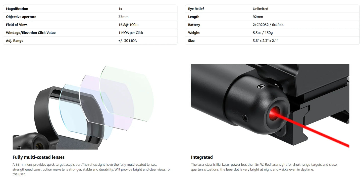 Feyachi Reflex Sight - 4 Reticle Red & Green Dot Sight Optics with Red Laser Sight Less Than 5mW Output for Picatinny Rails
