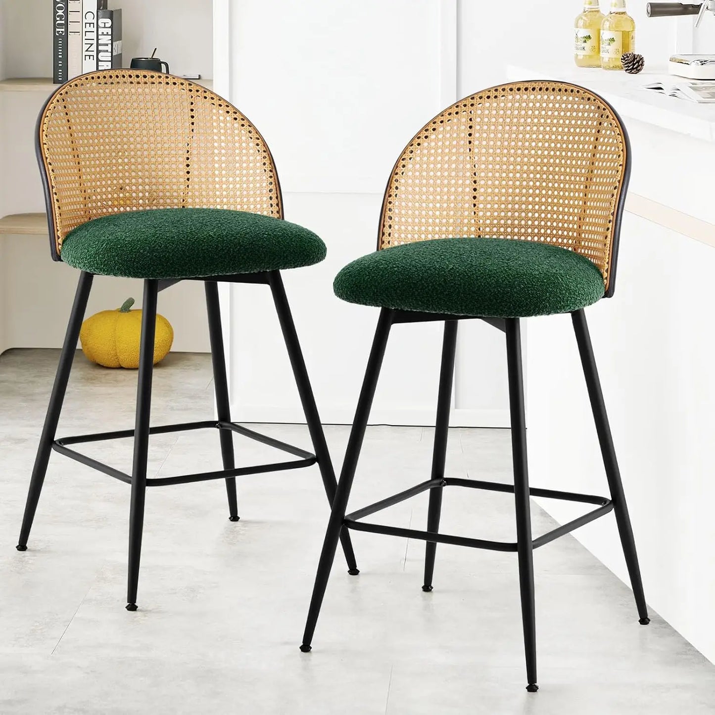 Counter Height Bar Stools Set of 2, 360° Swivel Upholstered Barstools with Rattan Full Back & Metal Legs, PU Leather 26" Mid