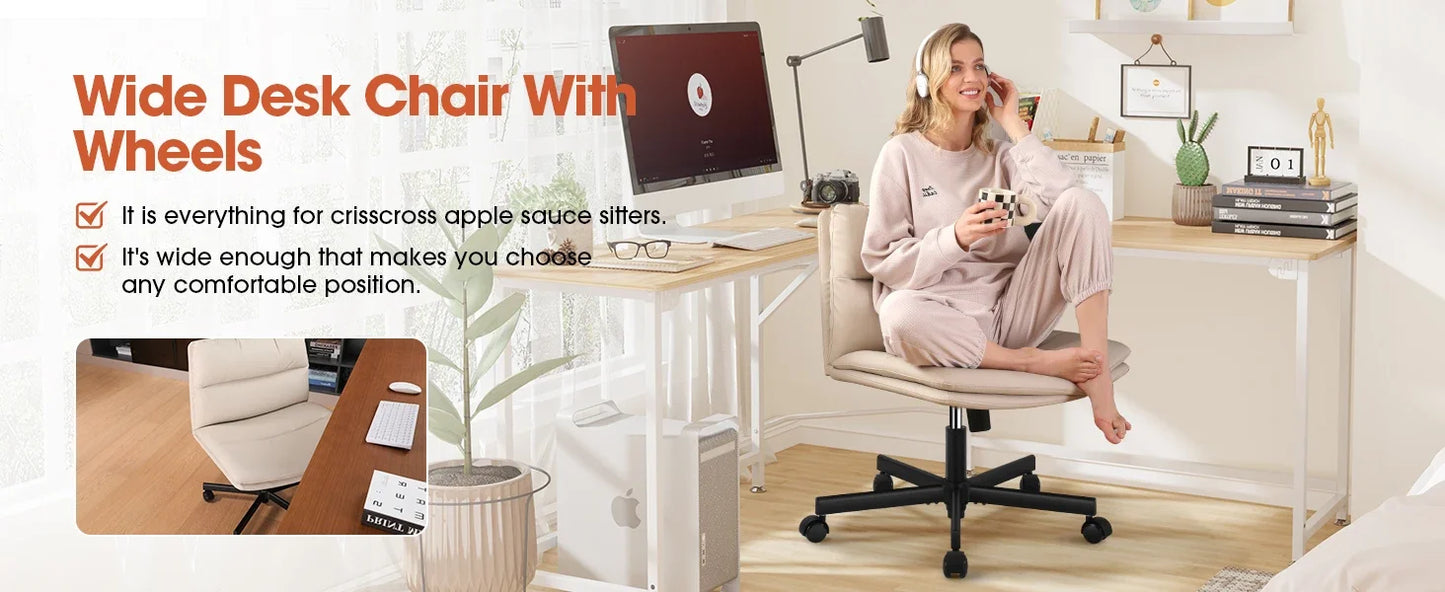 PU Upholstered Dressing Chair, Mid-back Ergonomic Home Office Computer Chair, Comfortable Adjustable Swivel Work Chair