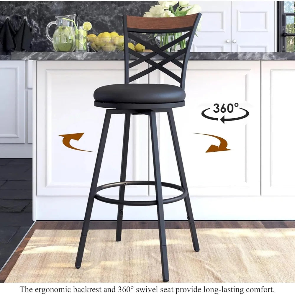 Black Bar Stools Set of 2 - Rustic Wood & Metal Swivel Barstools with Curved Backrest, 360° Rotation, Adjustable Height Dining