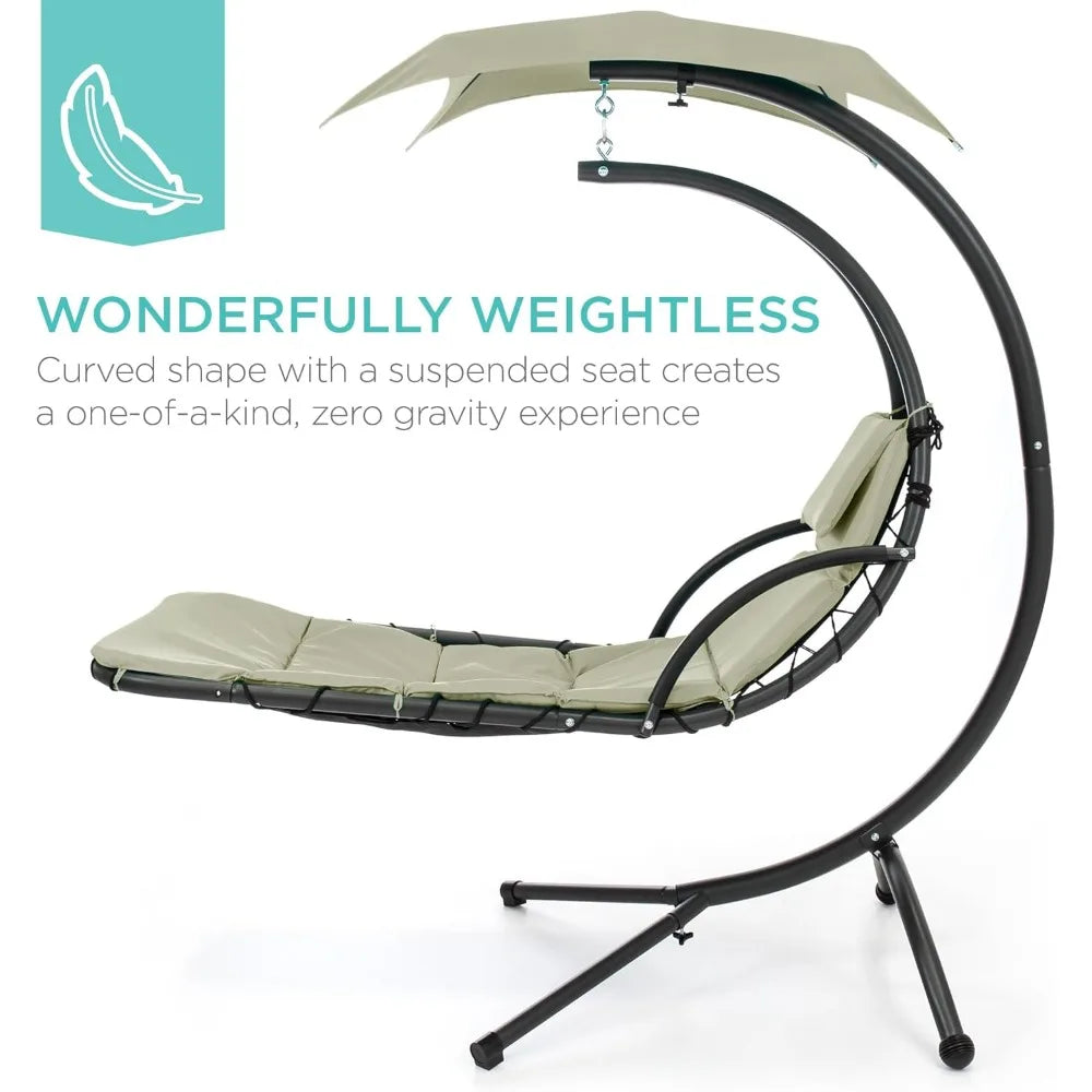 Curved Outdoor Steel Swing Lounge Chair with Pillow and Detachable Canopy in Sage
