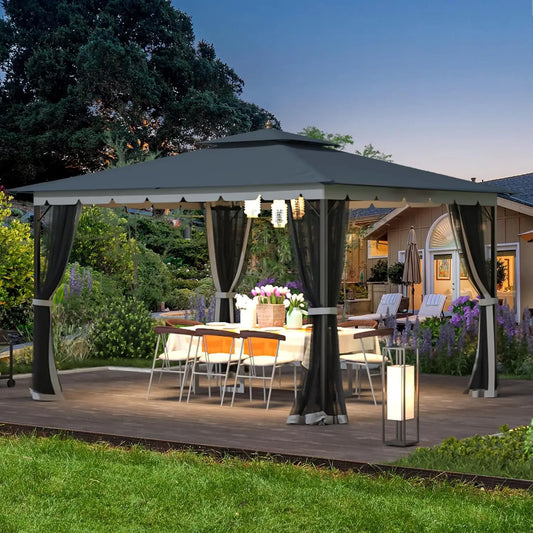 10x12 Gazebo with Mosquito Netting,Sturdy Metal Outdoor Patio Gazebo[Heavy Duty Frame],Gazebos Canopy Tent with Dual Air Roof