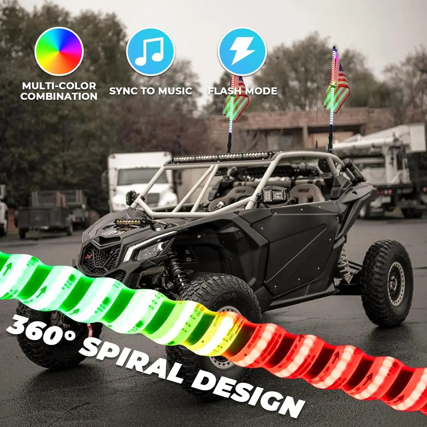 2PCS 2ft LED Whip Lights For UTV Colorful RGB Chasing/Dancing Light RGB Chasing Lighted Antenna Whips For ATV Truck