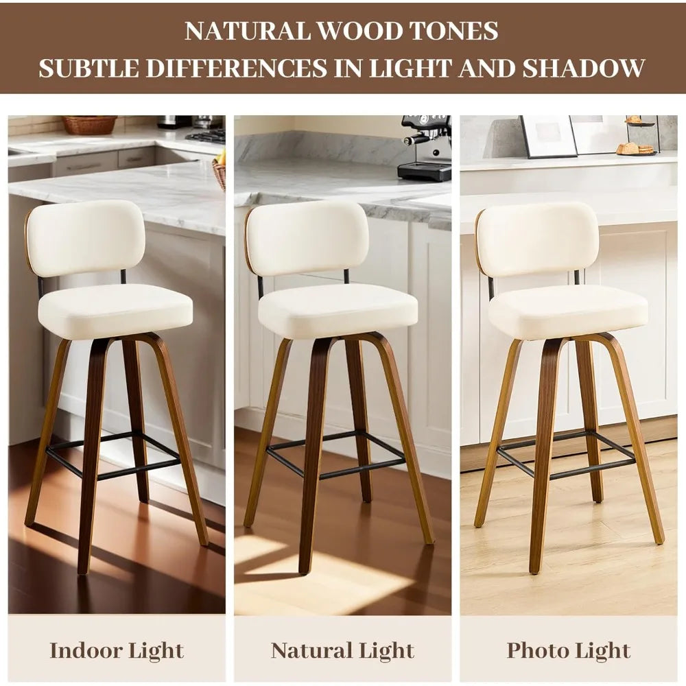 Swivel Counter Height Bar Stools Set of 4, 26" Upholstered Faux Leather Barstools with Back and Bent Wood Legs,