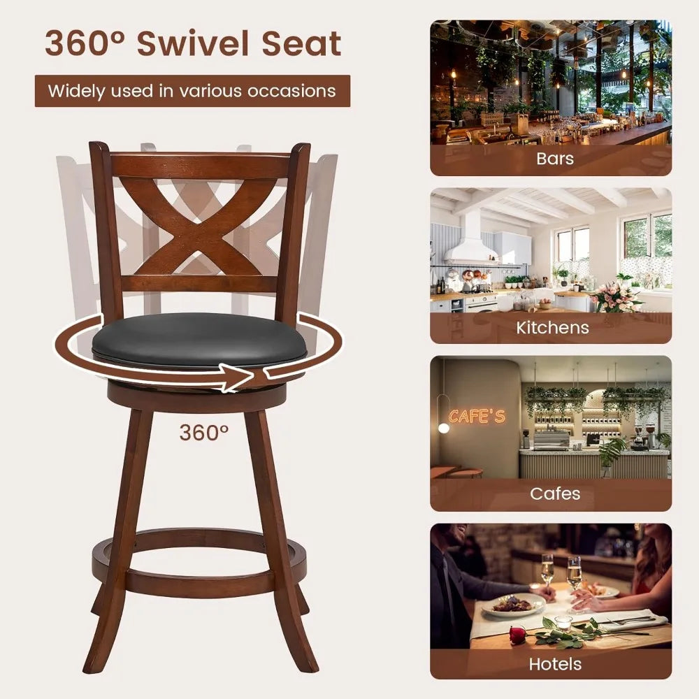 Set of 2 24 Swivel Counter Height Bar Stools with Back, Solid Rubberwood Frame, Leather Padded Seats, Vintage Style