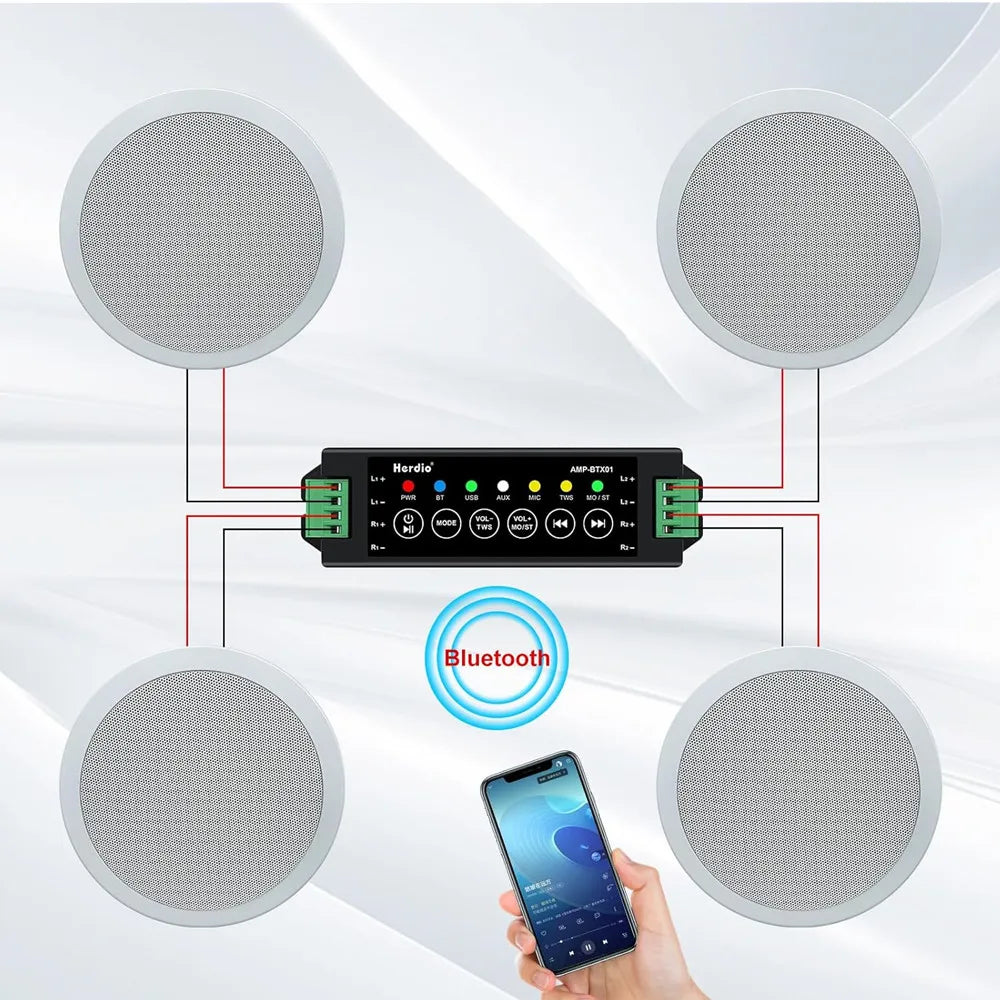 Herdio 5.25” 4PCS Flush Mount Bluetooth Ceiling Speaker System Max Power 600W Great For Humid Indoor Outdoor Kitchen Bedroom
