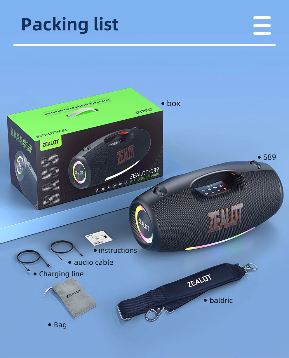 Zealot S89 250W Portable Bluetooth Speaker High Volume Waterproof 48000mAh Wireless TWS Subwoofer Suporrt USB/TF/AUX RGB light.
