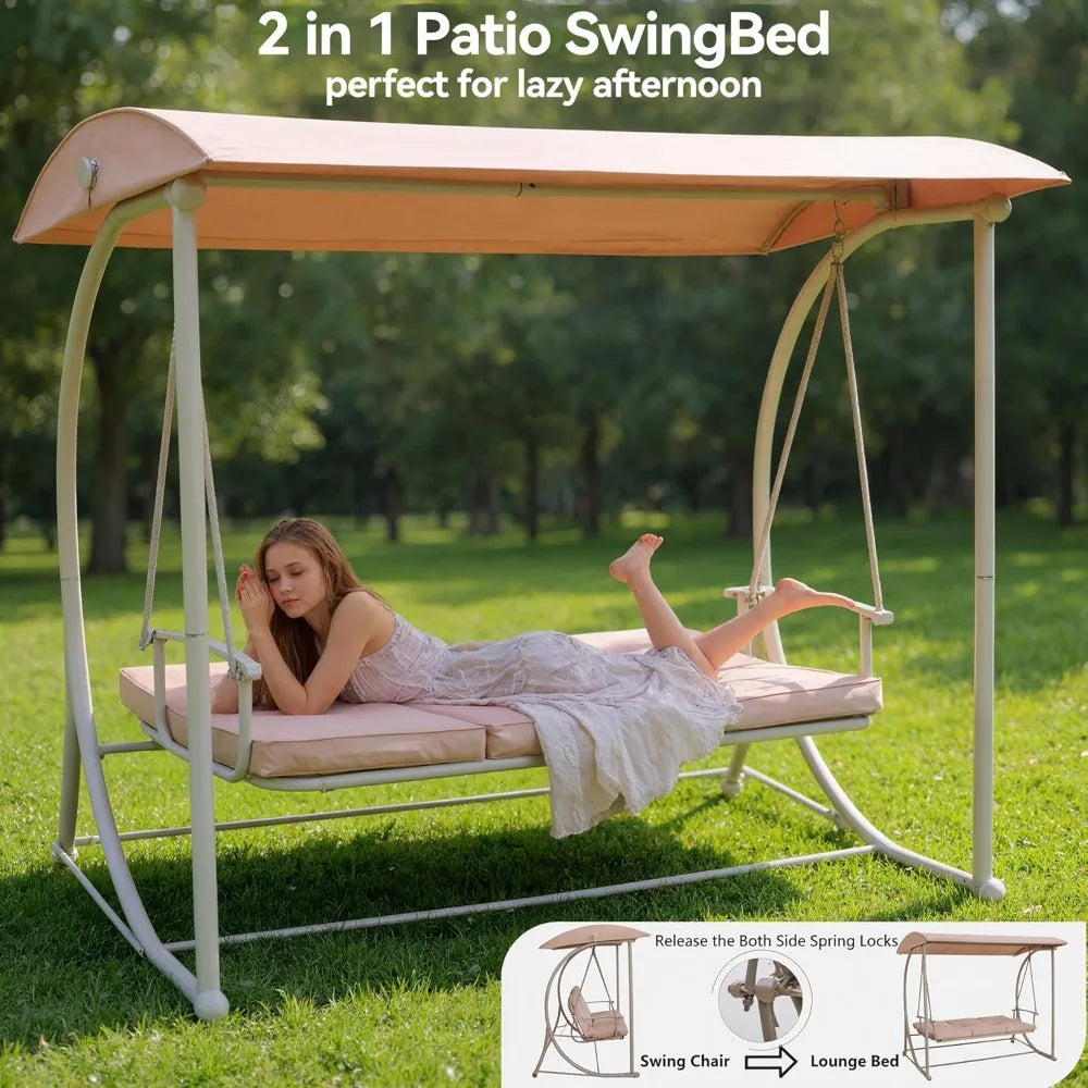 Modern Porch Swing with Stand, 3 Person Outdoor Patio Swings with Canopy, All Weather Backyard Swing for Adults, 2 in 1 Patio Sw