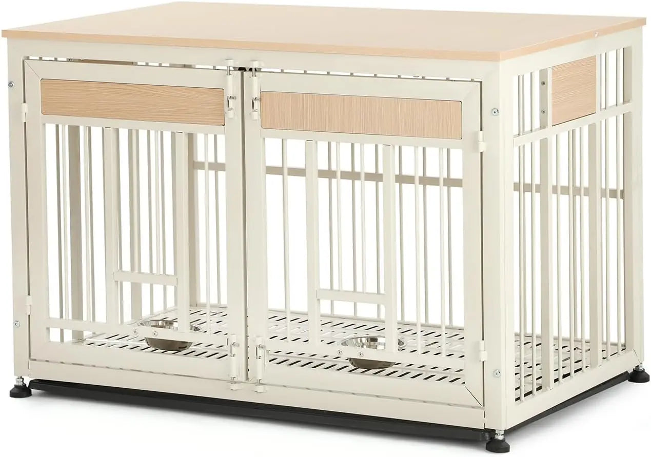 48 Inch Heavy Duty Dog Crate Furniture with Removable Tray & 2 Feeders, Decorative Pet House End Table, Extra Large Wooden