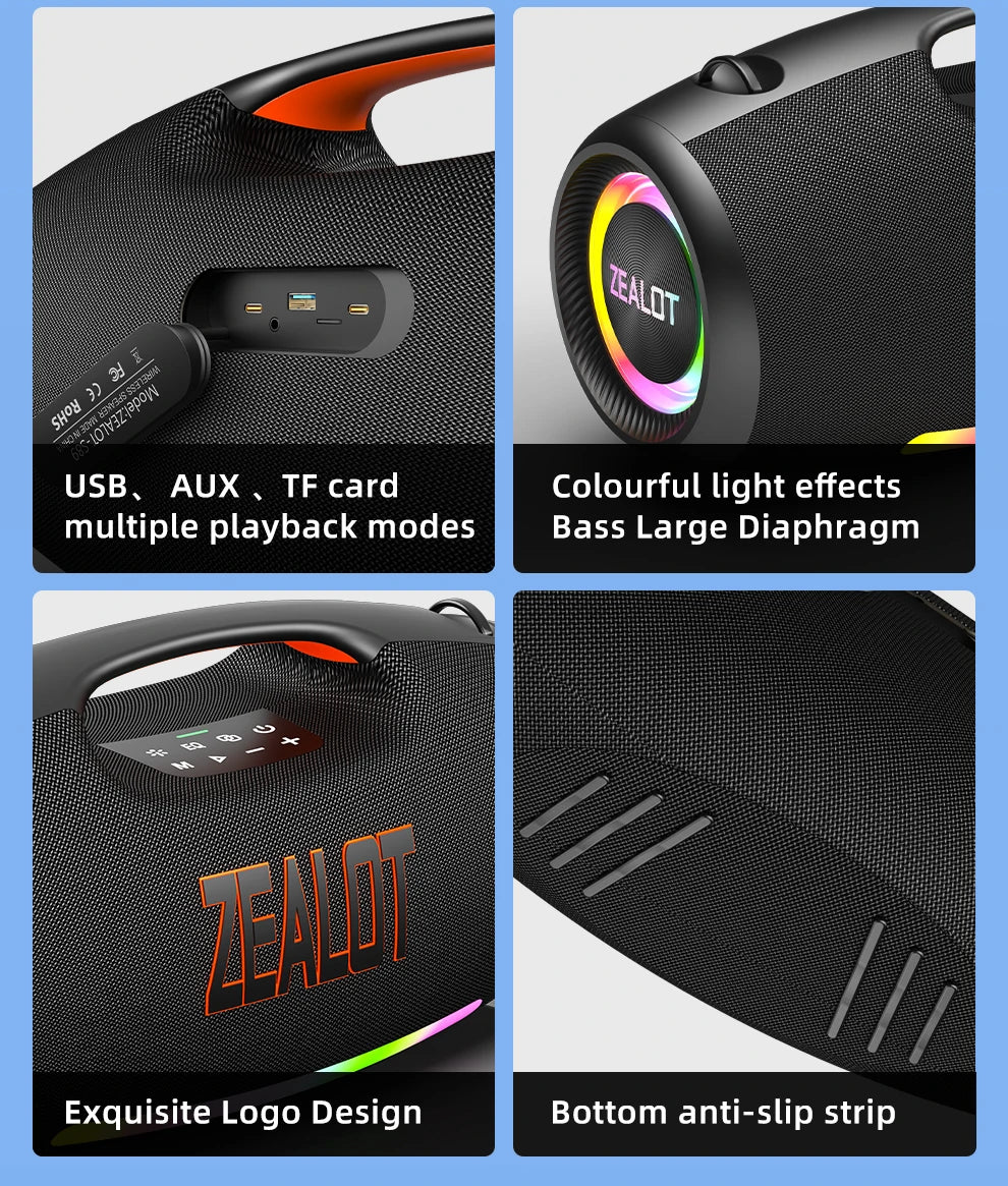Zealot S89 250W Portable Bluetooth Speaker High Volume Waterproof 48000mAh Wireless TWS Subwoofer Suporrt USB/TF/AUX RGB light.