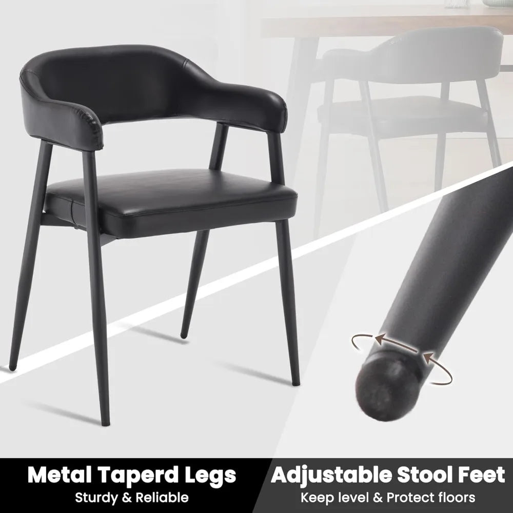 Leather Dining Chairs Set of 2 with Black Metal Legs, Mid Century Modern Kitchen Chairs with Curved Backrest